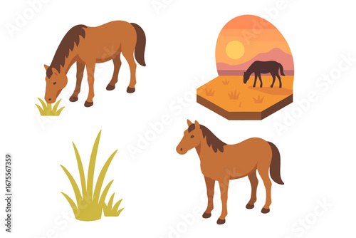 Wild horses isometric icon set. Vector illustration of mustangs grazing on a prairie field at sunset. Flat design elements for nature, wildlife, and equestrian concepts.
