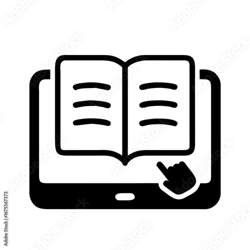 Digital tablet with open book and finger touch in flat vector