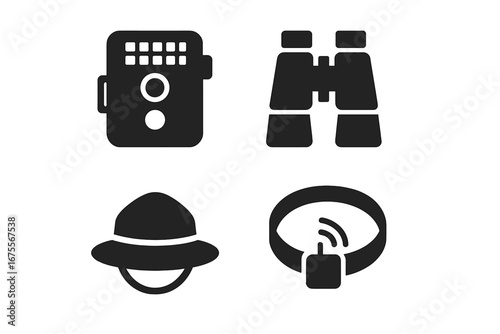 Wildlife protection and conservation icon set. Ranger tools for animal research and observation. Vector glyphs of camera trap, binoculars, safari hat, and GPS tracking collar.