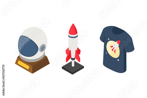Space souvenirs isometric icon set. Vector collection of merchandise. Astronaut helmet trophy, model rocket, and t-shirt with print. Flat design for web, gift shop, science.