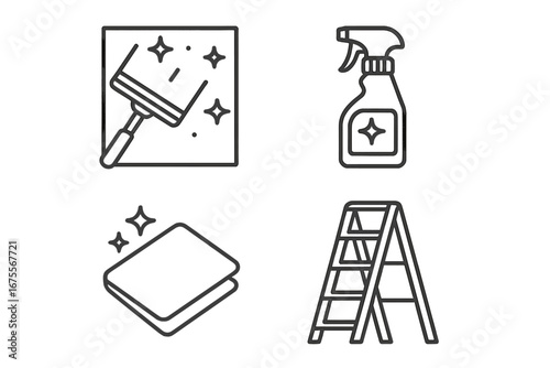 Window cleaning service outline icon set. Vector icons for glass care, including squeegee, spray bottle, microfiber cloth, and stepladder for housekeeping and maintenance tasks.