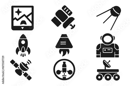 Space technology solid glyph icon set. Vector symbols of cosmic exploration, astronaut, rocket, satellite, rover, space station, capsule, navigation and propulsion systems.