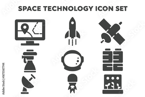 Space technology glyph icon set. Solid vector icons of space travel, rocket launch, satellite, astronaut, navigation system, propulsion, life support, exploration, science.