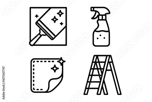 Window cleaning service icon set. Outline vector icons for glass washing with squeegee, cleaner spray, microfiber cloth, and ladder symbols. Household chores, hygiene concept.