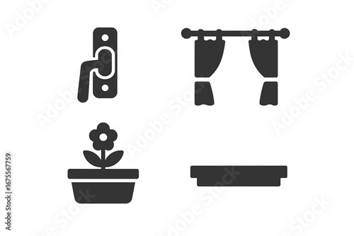 Window details solid icon set. Home decor and accessories glyphs. Vector pictogram collection with window latch, curtain, flower pot, and windowsill for interior design or web.