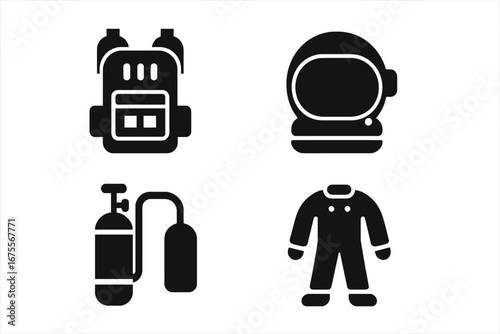Space travel icon set. Solid glyph vector icons of astronaut essentials. Spaceman equipment including helmet, spacesuit, oxygen tank, and life support backpack. Cosmos exploration.