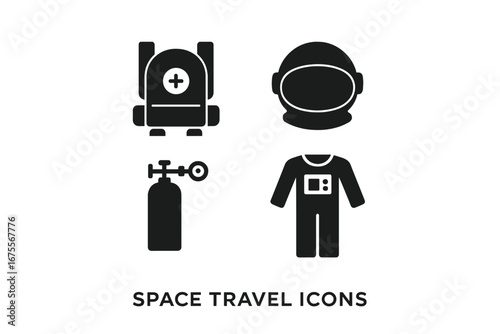 Space travel icons set. Solid glyphs of astronaut equipment, space suit, helmet, oxygen tank and life support backpack. Cosmos exploration science vector silhouette symbols.