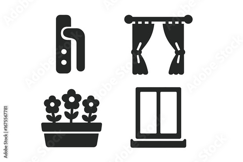 Solid filled vector icons set of window details and accessories including window latch, curtain rod with curtains, flower box with blooming flowers, and window sill illustration