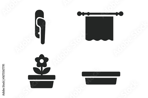 Window Details Icons Solid Filled Vector Set of Window Accessories Including Window Latch Curtain Rod Flower Box and Window Sill Home Exterior Elements Design