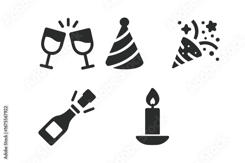 Wine celebration icons. Solid filled vector icon set featuring wine toast, party hat, confetti popper, bottle popping, and candlelight illustrations for festive occasions