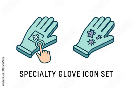Medical glove icon set vector. Isometric illustration of smart touchscreen and antimicrobial protective gloves. Healthcare, hygiene, technology and science concept design.
