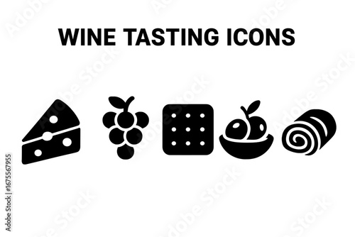 Wine tasting icons set, solid filled vector illustration of gourmet snacks including cheese slice, grape bunch, cracker, olive bowl, and prosciutto for wine pairing