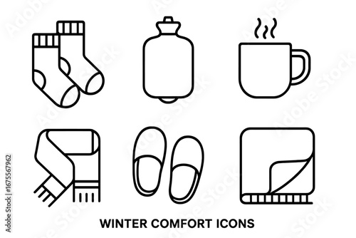 Winter Comfort Icons Vector Set, Outline Style Wool Socks, Hot Water Bottle, Tea Mug, Cozy Scarf, Soft Slippers, Warm Blanket, Seasonal Cold Weather Essentials