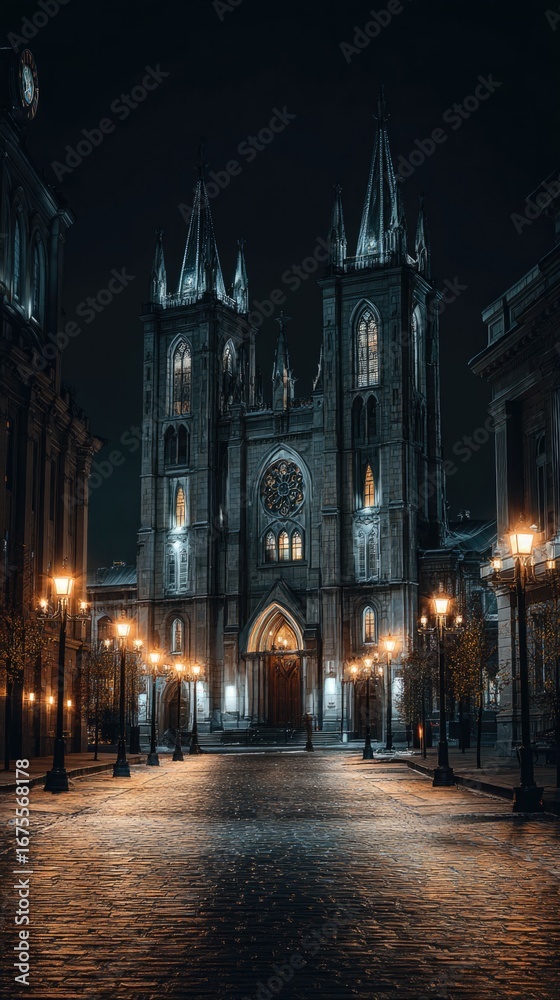 Fototapeta premium Nighttime lit church in cityscape
