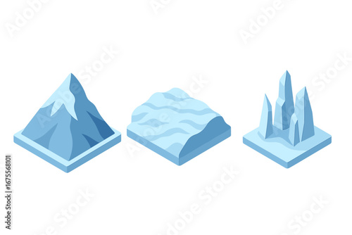 Isometric Winter Mountain Icons, Flat Vector Set of Snow-Capped Peaks, Glacier Fields, Icefall Zones, Cold Alpine Environment Illustrations, Winter Landscape Elements