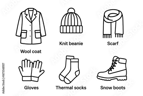 Winter outfit icons set, outline vector illustrations of warm travel clothing and accessories including wool coat, knit beanie, scarf, gloves, thermal socks, snow boots, transparent