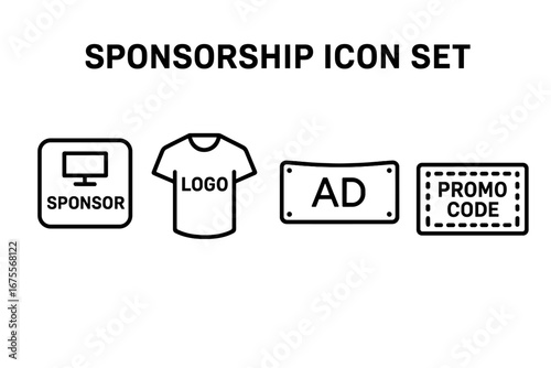 Sponsorship outline icon set. Vector collection of branding and marketing symbols. Includes sponsor logo, branded jersey, ad banner, and promo code for business promotion.
