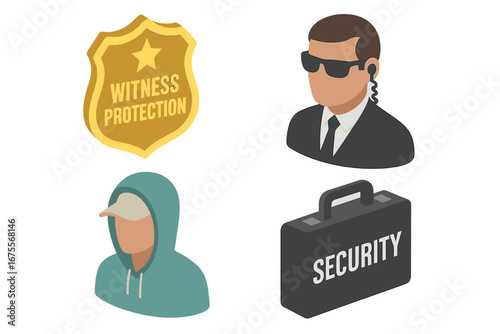Isometric flat vector icon set of witness protection concept with witness protection badge, security guard, hooded anonymous person, and security briefcase illustration