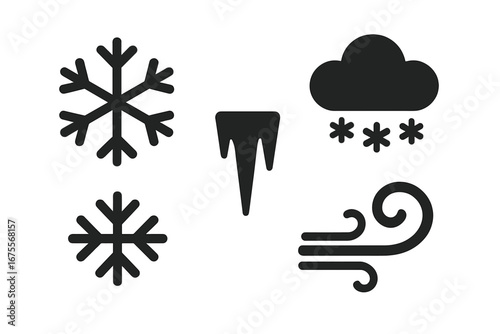 Winter Weather Icons Solid Filled Vector Set Featuring Snowflake, Snow Cloud with Snow, Icicle Symbol, Frostflake, Blizzard Wind Swirl, Cold Season Elements Illustration