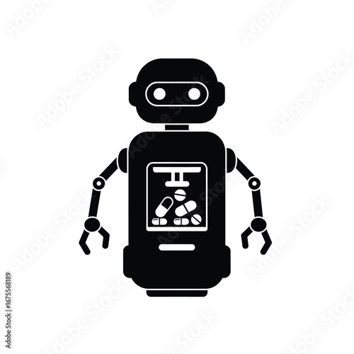 Black robot with pills white capsules