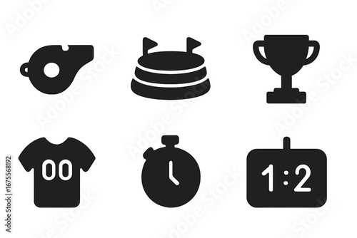 Vector sport competition icons. Solid glyph pictogram collection includes whistle, arena, championship trophy, team shirt, stopwatch, and game scoreboard graphic elements.