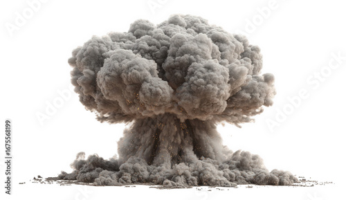 Grey And White Mushroom Cloud Explosion Isolated On Black Background