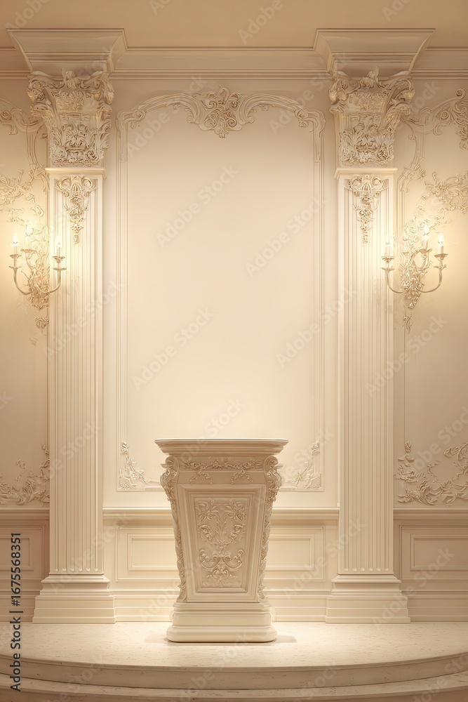 Naklejka premium Ornate pedestal in a lavish, cream-colored room