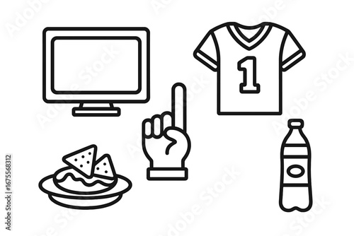 Sports party icon set. Game day viewing party concept. Outline icons with TV, fan jersey, foam finger, nachos, soda. Vector line art for sport fan entertainment and leisure.