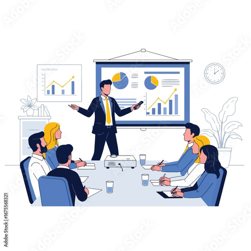A business professional delivers a presentation to colleagues in a meeting room, showcasing data and analytics on a projector screen.