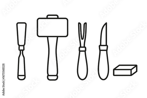 Wood Carving Tools Set Outline Icons Including Carving Chisel, Mallet, Gouge, Carving Knife, and Sharpening Stone Vector Illustration Transparent