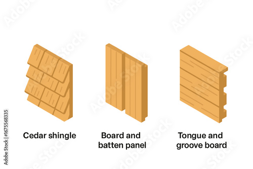 Isometric Wood Siding Icon Set with Cedar Shingle, Board and Batten Panel, and Tongue and Groove Board Vector Illustrations on Transparent Background