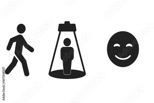 Stage presence icon set. Solid glyphs for public speaking. Vector illustration of speaker walking on stage, person in spotlight, confident smile. Presentation skills concept.