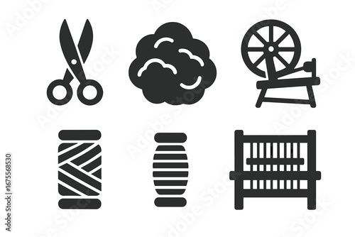Wool production process icons set with shears, fleece bundle, spinning wheel, yarn spool, and weaving loom solid vector illustrations for textile industry