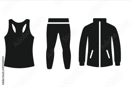 Workout Essentials Icons Solid Filled Set of Workout Apparel Essentials Tank Top Compression Leggings Sports Jacket Vector Illustration Fitness Gym Activewear Clothing