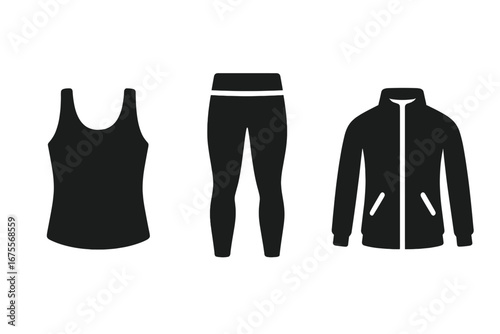 Solid filled icon set of workout essentials including tank top, compression leggings, sports jacket, activewear icons, fitness apparel vector illustration