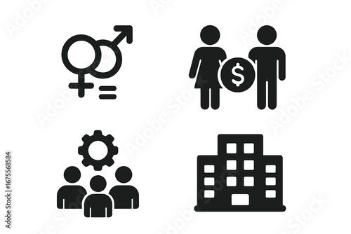 Workplace Equality Icons Vector Set with Gender Equality Symbols, Equal Pay Concept, Teamwork Figures, Office Building, Business Diversity and Inclusion Design