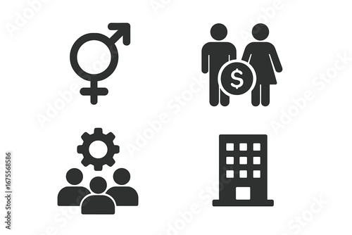 Workplace Equality Icons Set with Gender Symbols, Equal Pay, Teamwork and Office Building Silhouettes, Solid Filled Vector Illustration for Business and Diversity Concepts