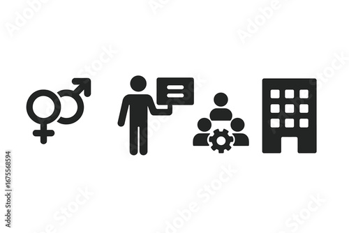Workplace Equality Icons Set with Gender Symbols, Equal Pay, Teamwork, Office Building, Diversity and Inclusion Concept Vector Illustration on Transparent Background