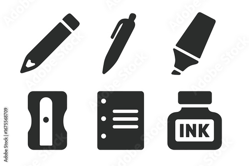 Writing tools icons set, solid filled vector illustration of pencil, pen, highlighter, sharpener, notebook margin, ink bottle, stationery equipment collection
