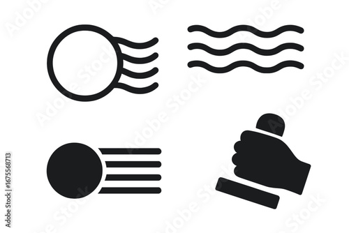 Stamp cancellation icon set. Vector postmark symbols for mail and letters. Includes circular postmark, wavy lines, machine cancel, and hand stamp for postal services. Solid glyphs.