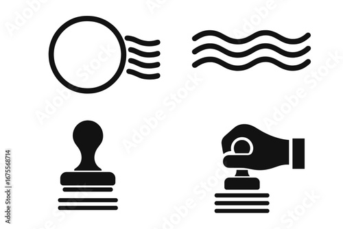 Stamp cancellation icon set. Postal postmark solid glyph icons. Hand holding rubber stamper, circular seal, wavy line mark. Mail correspondence vector symbol collection.