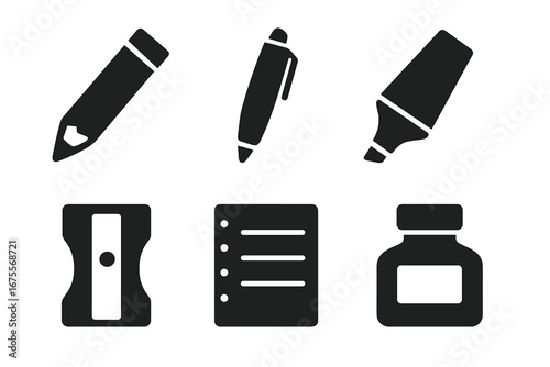 Solid Filled Writing Tools Icons Set with Pencil, Pen, Highlighter, Sharpener, Notebook Margin, Ink Bottle - Vector Illustration on Transparent Background