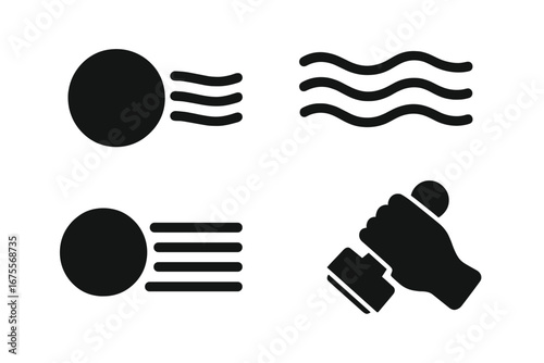 Stamp cancellation icon set. Solid glyph vector graphics collection. Postmark symbols, circular mark, wavy lines, machine cancel. Postage mail concept. Hand holding rubber stamp.