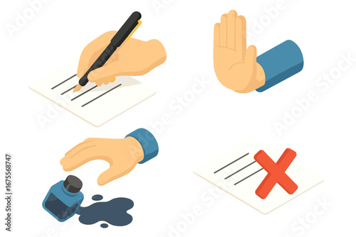 Isometric Writing Workflow Icons Set, Pen Writing, Pausing Hand, Ink Bottle Spill, Rejection Mark, Writing Process Mishaps, Flat Vector Illustration