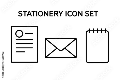 Stationery outline icon set vector. Corporate identity branding package concept. Letterhead, envelope, notepad symbols. Business collateral linear icons for web design.