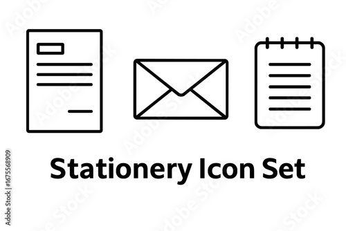 Stationery outline icon set for business branding. Vector letterhead, envelope, and notepad symbols. Corporate identity collateral template for office communication.