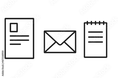 Stationery icon set for corporate identity and branding. Vector line art of letterhead, envelope, and notepad. Office supplies and communication symbols for business collateral.