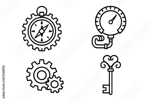 Steampunk vector icon set. Outline collection of retro futuristic fantasy gadgets. Mechanical gear compass, steam pressure gauge, industrial cogs and antique Victorian key.