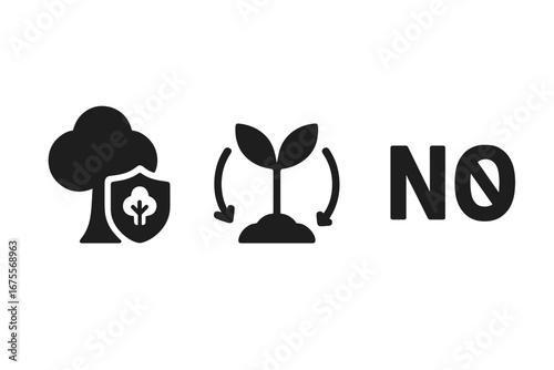 Zero deforestation icons set with solid tree and shield symbol, reforestation sapling growth and no deforestation sign, environmental conservation vector illustration