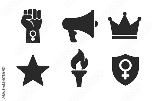 Women's Empowerment Icons Set, Bold Feminist Symbols including Raised Fist, Megaphone, Crown, Torch, Star, Shield, Feminism Vector Illustration, Gender Equality